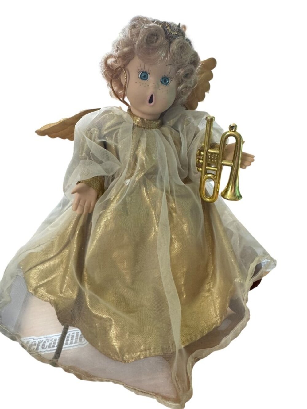 Vintage Angel Doll Ornament  With Trumpet Gold Gown & Mesh Overlay 11" Tall Curl